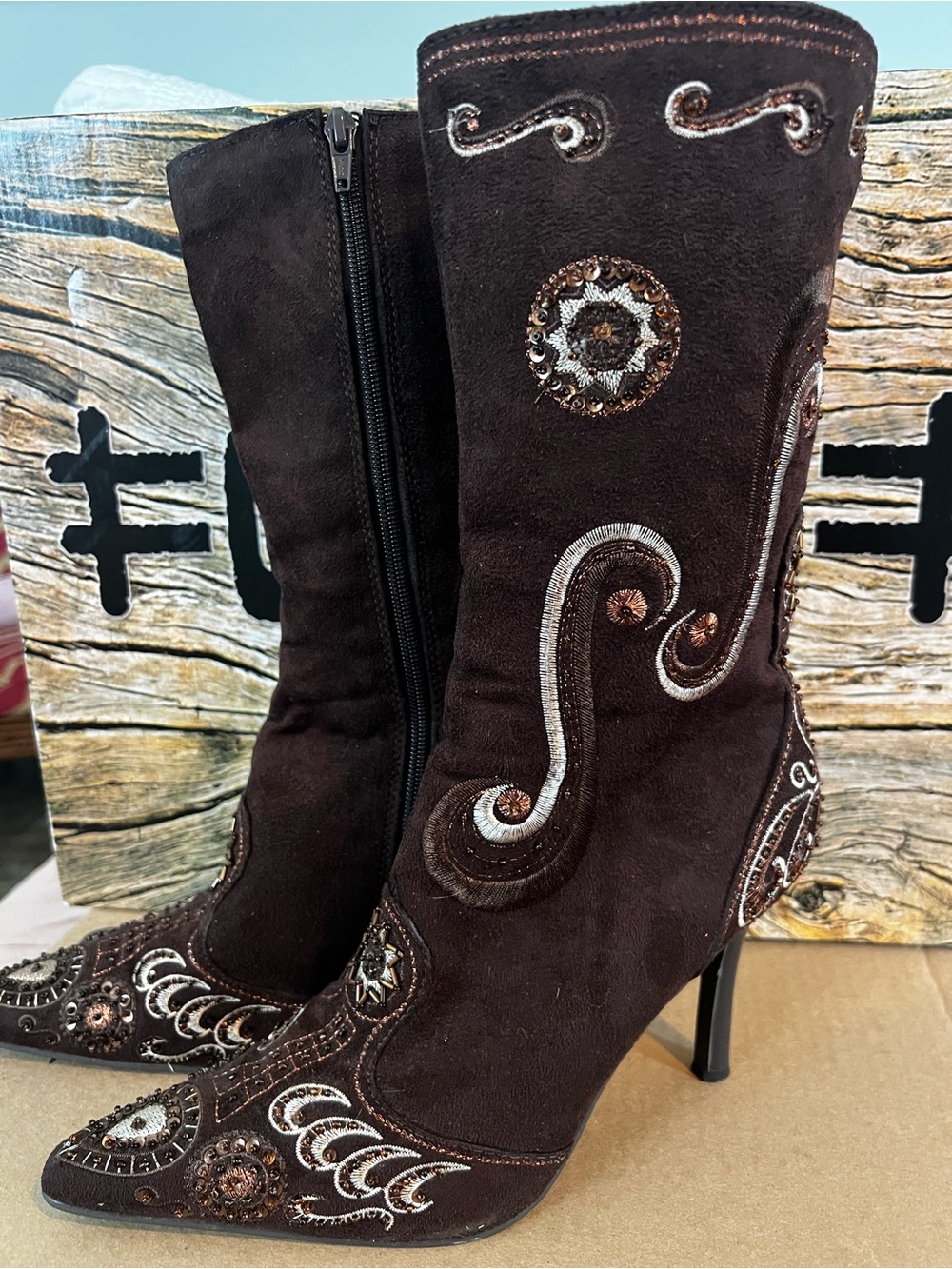 Dark Brown Embroidered w beads.Knee Boots worn ones inside only size 9